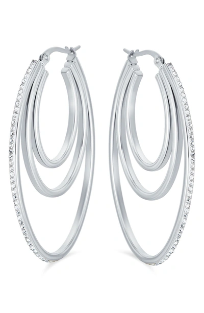 Bling Jewelry Stainless Steel Pave Crystal Hoop Earrings In Silver