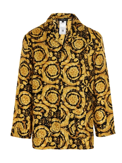 Versace Baroque Pattern-print Silk Pyjama Shirt In Yellow