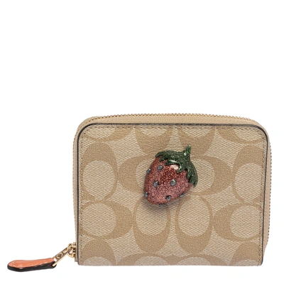 Pre-owned Coach Beige Signature Coated Canvas Strawberry Zip Around Wallet