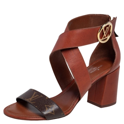 Pre-owned Louis Vuitton Brown Monogram Canvas And Leather Ocean Drive Ankle Strap Sandals Size 39