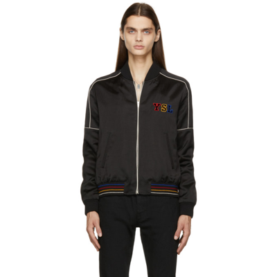 Saint Laurent Embroidered Logo Zipped Bomber Jacket In Black