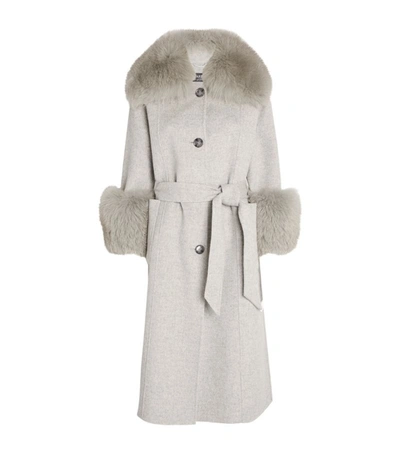 Harrods Of London Longline Fur-trim Coat In Grey