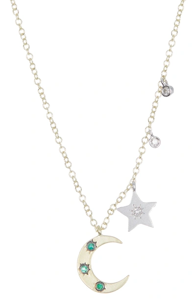 Meira T 14k Gold Emerald & Diamond Crescent Moon & Stars Charm Necklace In Yellow Gold/ Emerald