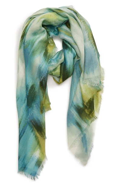 Nordstrom Eyelash Trim Print Cashmere & Silk Wrap In Teal Haze Print