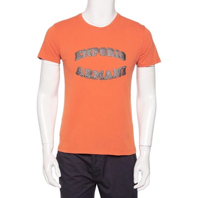 Pre-owned Emporio Armani Orange Logo Embroidered Cotton Crewneck T-shirt M
