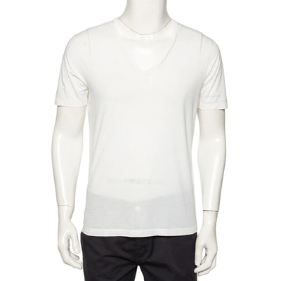 Pre-owned Emporio Armani White Logo Embroidered Cotton V-neck T-shirt S