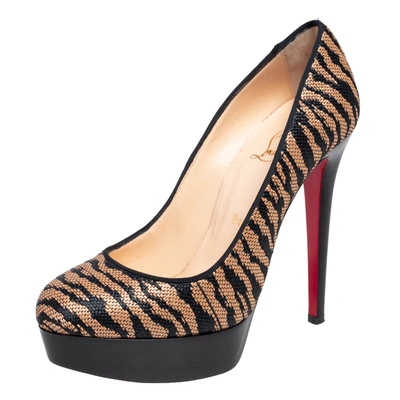 Pre-owned Christian Louboutin Two Tone Raffia Bianca Panama Tiger Weave Platform Pumps Size 37.5 In Beige