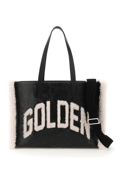 Golden Goose California East-west Bag With Shearling Detail In Black,white