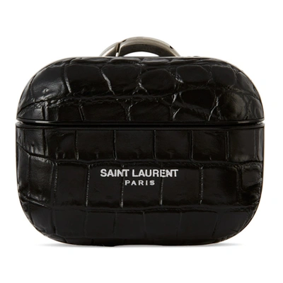 Saint Laurent Black Croc Logo Airpods Pro Case In Noir Black Matte