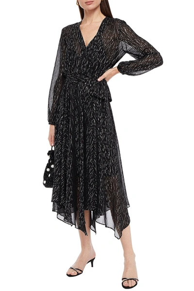 Maje Route Gathered Metallic Georgette Midi Dress In Black | ModeSens