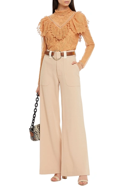 See By Chloé Ruffled Embroidered Cotton-blend Mesh Top In Brown