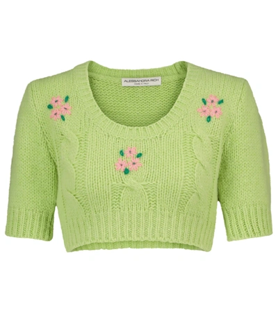 Alessandra Rich Cropped Embroidered Cable-knit Alpaca-blend Sweater In Green