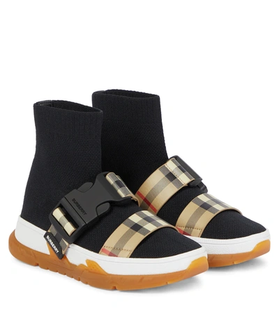 Burberry Kids' Checked Knit Sock Trainers In Black