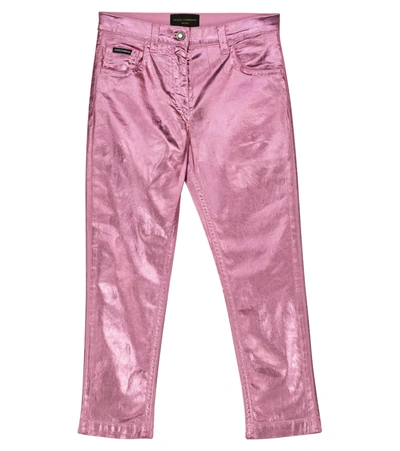 Dolce & Gabbana Babies' 涂层弹力棉质紧身牛仔裤 In Pink