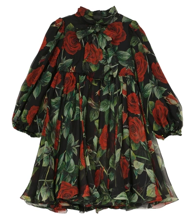Dolce & Gabbana Babies' Rose-print Ruched Dress In Black