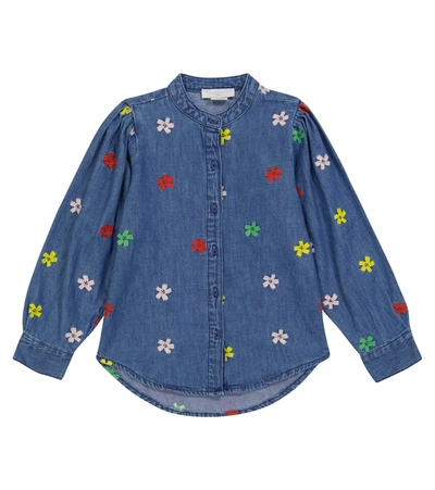 Stella Mccartney Kids' Embroidered Flowers Cotton Denim Shirt In Blue