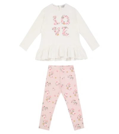 Monnalisa Kids' Floral Cotton Top And Leggings Set In Pink
