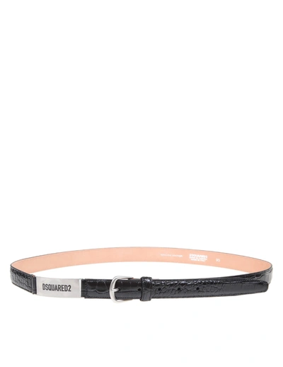 Dsquared2 Embossed Leather Belt With Logo Plate In Black