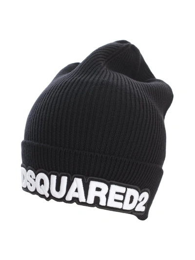 Dsquared2 Ribbed Embroidered-logo Beanie In Black