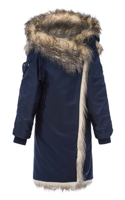 Prada Faux Fur-lined Off-the-shoulder Re-nylon Coat In Blue