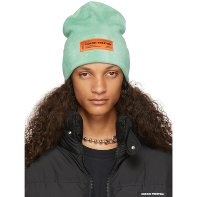 Heron Preston Beanie In Mint Green Woolen Knit With Logo Patch And Turn-up Brim