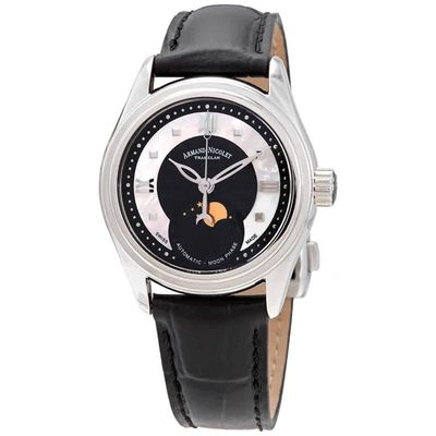 Armand Nicolet M03-2 Automatic Moon Phase Black Guilloche And White Mother Of Pearl Dial Ladies Watch A153aaa-nn-p8 In Black,mother Of Pearl,silver Tone,white