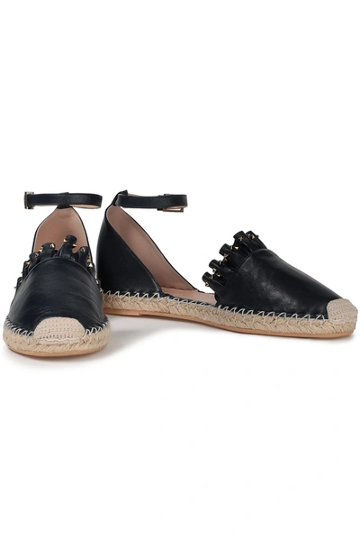 Valentino Garavani Studded Ruffled Leather Espadrilles In Navy