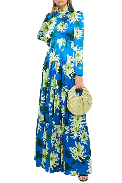 Andrew Gn Gathered Floral-print Silk-satin Maxi Dress In Blue