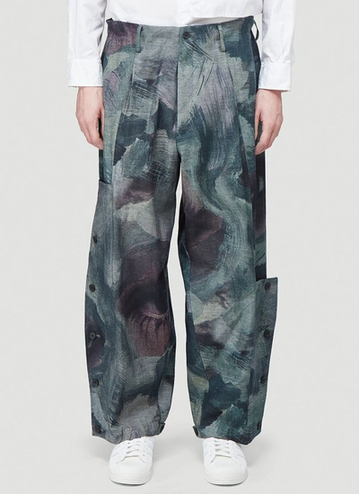 Yohji Yamamoto Painterly-print Drop-crotch Trousers In Blau