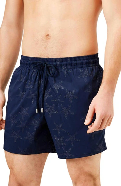 Vilebrequin Men's Moorise Micro-turtle Jacquard Swim Trunks In Blue