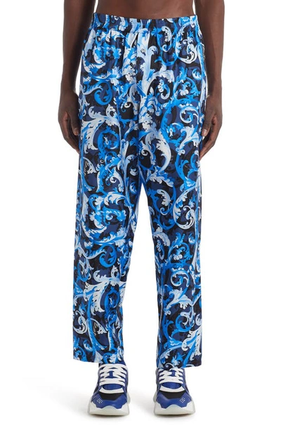 Versace Baroccoflage Silk Twill Pajama Pants In Blue/navy