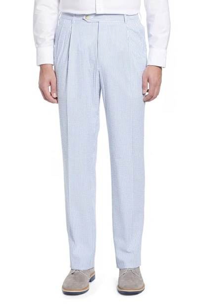 Berle Pleated Seersucker Cotton Dress Pants In Light Blue