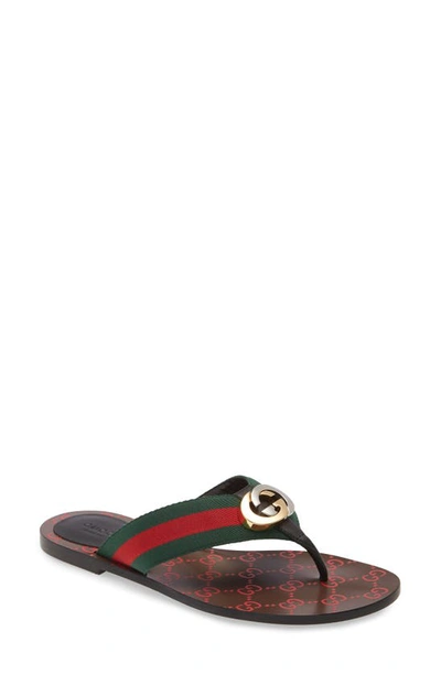 Gucci Kika Gg Web Flip Flop In Green/red/black