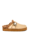 Moncler Mon Suede And Faux Shearling Slippers In Camel