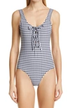 GANNI GINGHAM LACE-UP ONE-PIECE SWIMSUIT,A3298