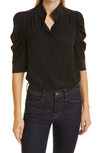 Frame Gillian Silk Collared Puff-sleeve Top In Black