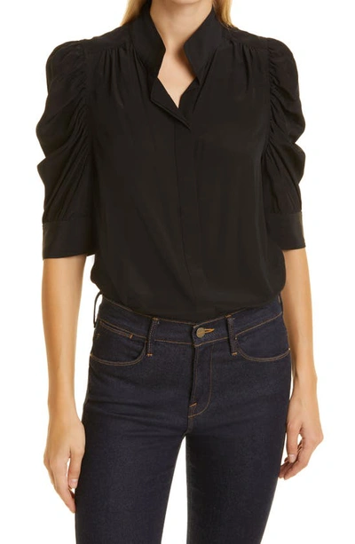 Frame Gillian Silk Collared Puff-sleeve Top In Black