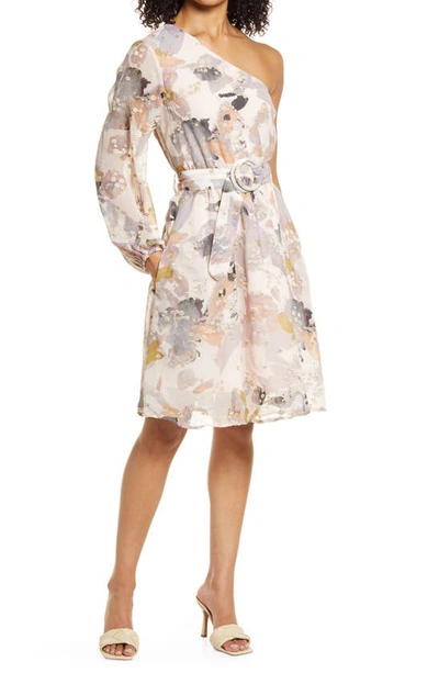 Btfl-life Embroidery Print One-shoulder Chiffon Dress In Natural