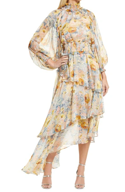 Elliatt Astrid Floral Print Long Sleeve Asymmetric Chiffon Dress In Rose Multi