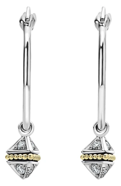 Lagos 18k Yellow Gold & Sterling Silver Caviar Diamond Pyramid Dangle Hoop Earrings