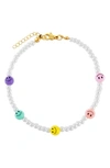 ADINAS JEWELS SMILEY FACE & IMITATION PEARL ANKLET,A61859CMB-302