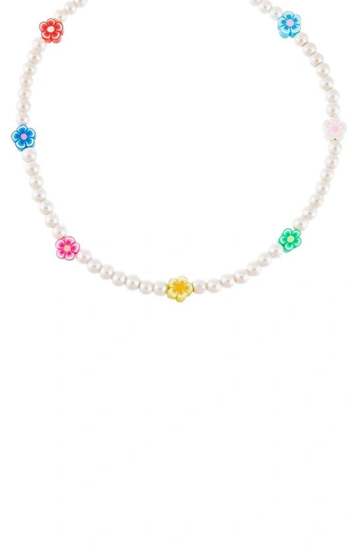 Adinas Jewels Neon Color Flower & Imitation Pearl Necklace In White Multi Color