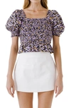 Endless Rose Animal Print Puff Sleeve Smocked Top In Purple Multi