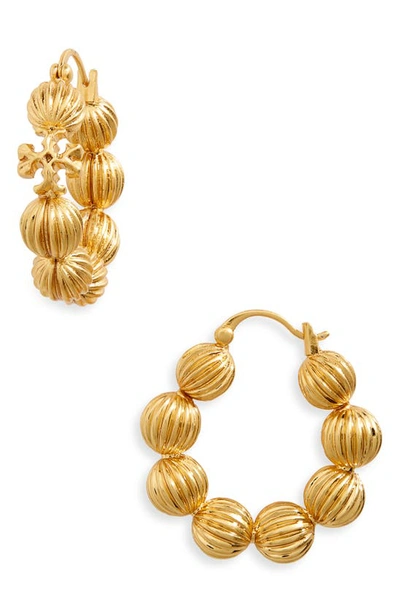 Tory Burch Roxanne Fluted Bead Hoop Earrings In Rolled Brass