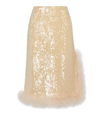Dries Van Noten Feather-trimmed Sequined Tulle Midi Skirt In Blush