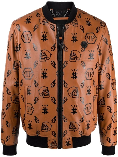 Philipp Plein Monogram-print Leather Bomber Jacket In Braun