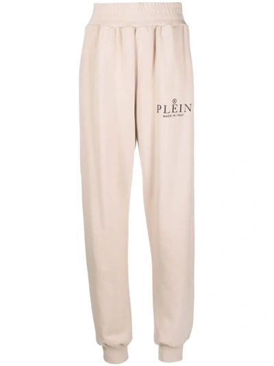 Philipp Plein Iconic Plein High-waisted Cotton Track Pants In Nude