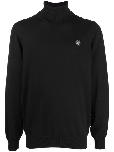 Philipp Plein Merino Roll-neck Logo Jumper In Black