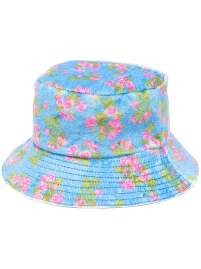 Natasha Zinko Terry Floral-print Fleece Bucket Hat In Blue