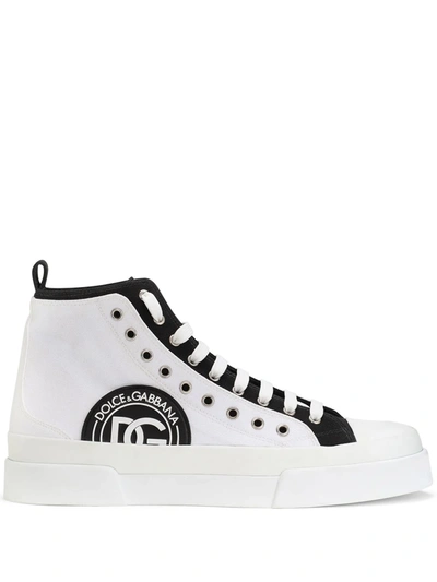 Dolce & Gabbana Two-tone Canvas Portofino Light Mid-top Sneakers With Dg Logo In White,black